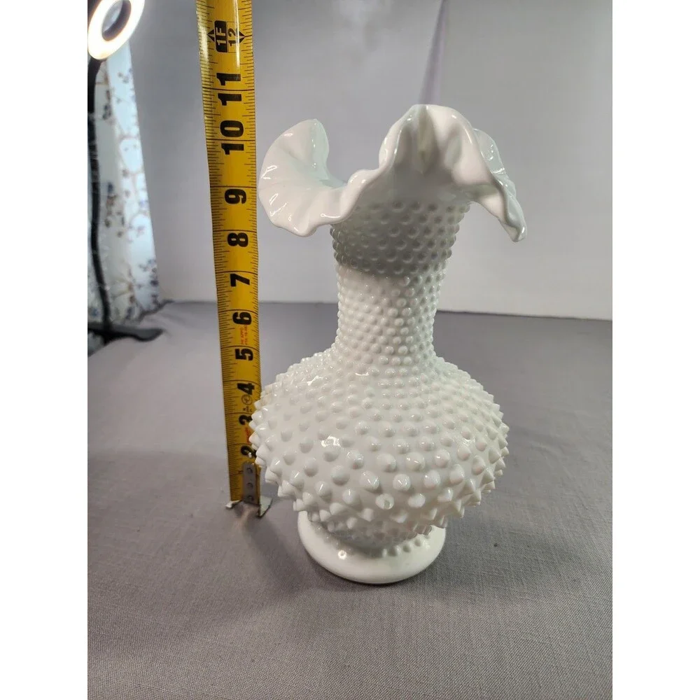 Vintage White Milk Glass Hobnail Vase with Ruffled Rim 10